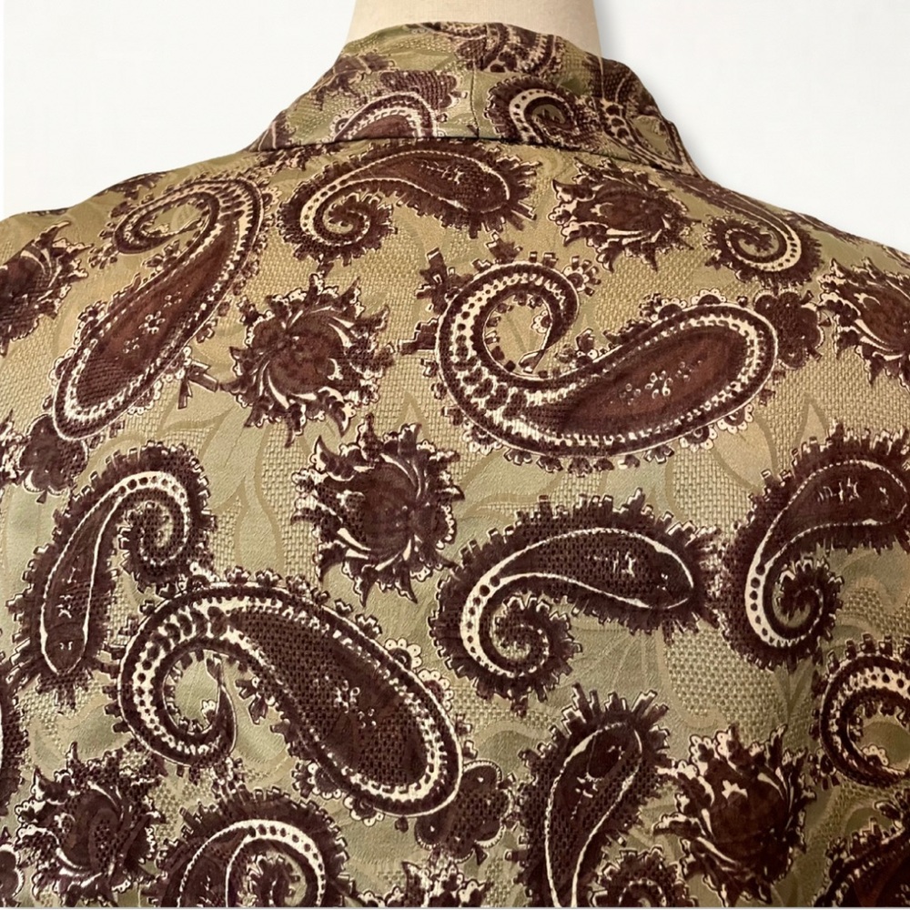 Vintage 1990s Neutral Tan + Brown Paisley Print 100% Silk V-Neck Blouse - Picture 8 of 11